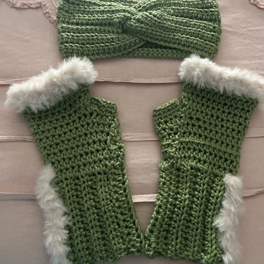 Handmade Green Knit Headband and Fingerless Gloves Set
